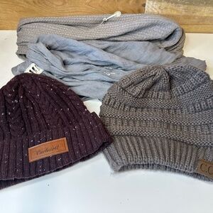 C.C & Carhartt Womens Knit Beanies With 2 Scarves - Gray & Burgundy